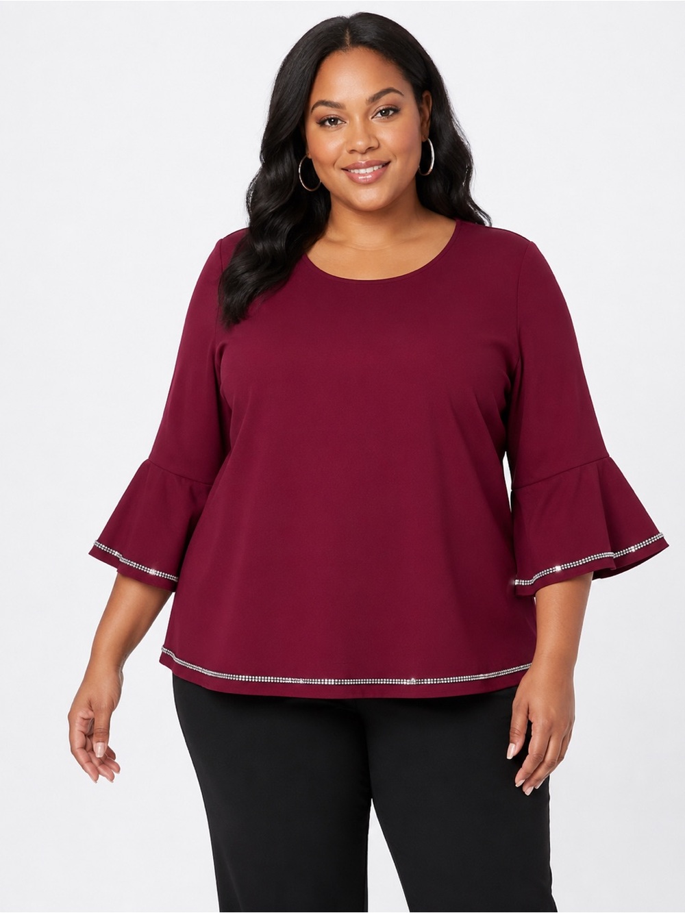 EMERY ROSE Burgundy Rhinestone Trim Flare Bell Sleeve Blouse Plus 2XL
